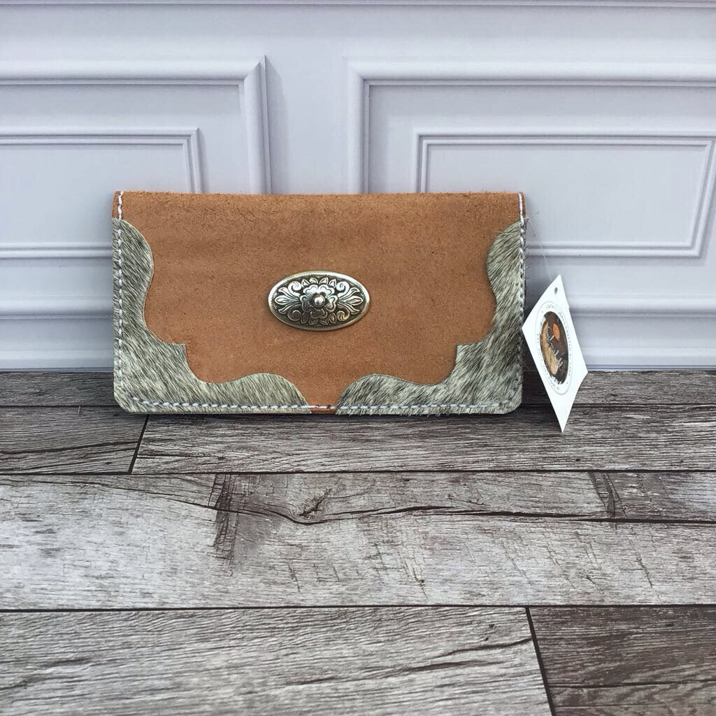 Cowhide Checkbook Cover - Tan Silver Flower Pendant