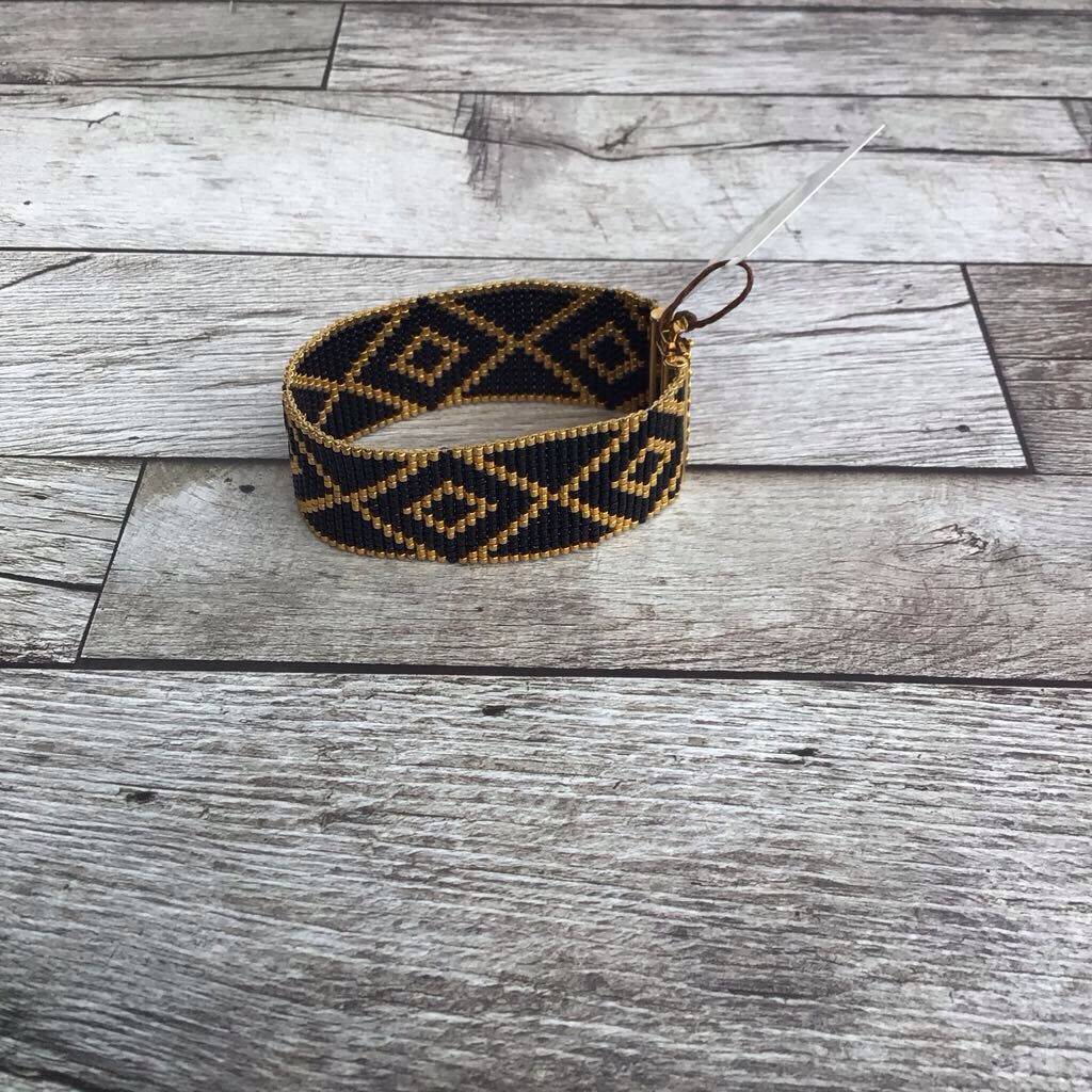 Gold Plated Bracelet - Black, Gold Diamond Patterned