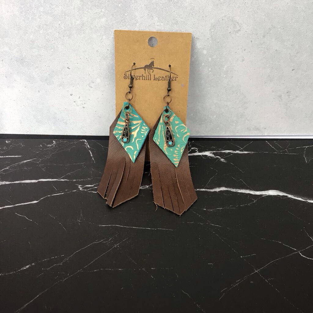 Stone & Tooled - brown fringe w turquoise pendant