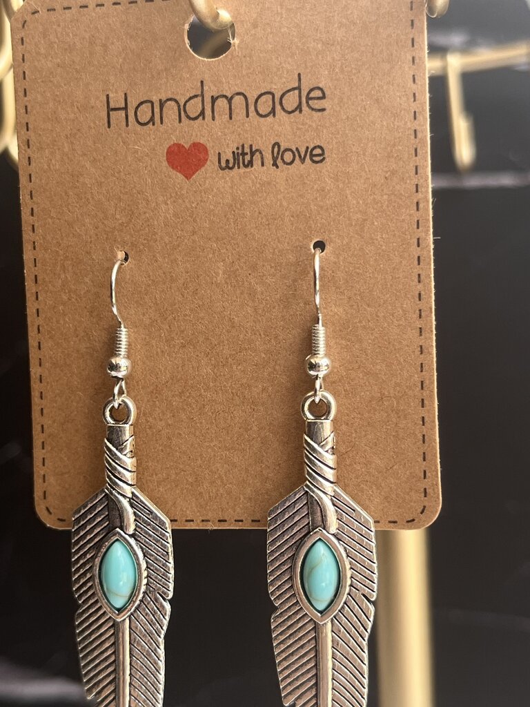 Turquoise Hanging Earrings - Silver Feathers