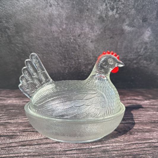 Indiana Glass clear hen on nest/red comb