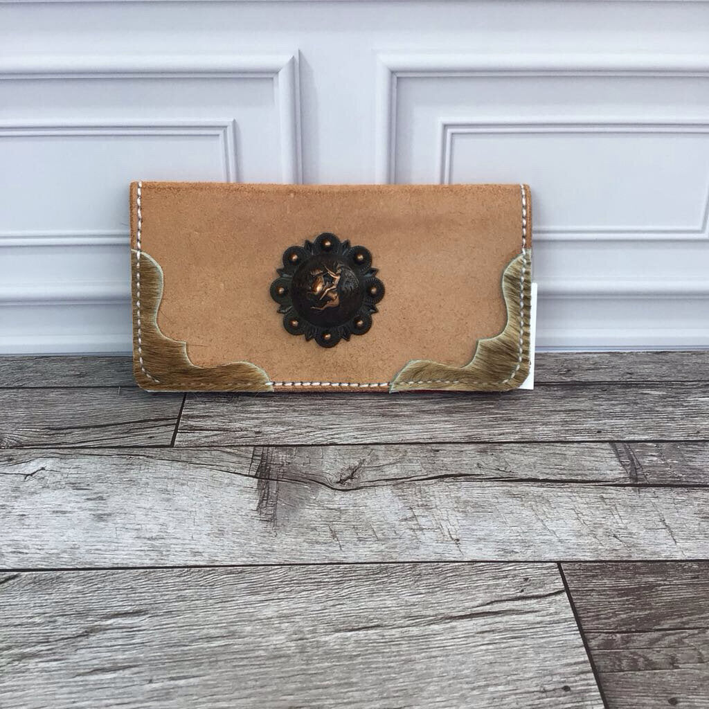 Cowhide Checkbook Cover - Tan Black Horse Pendant
