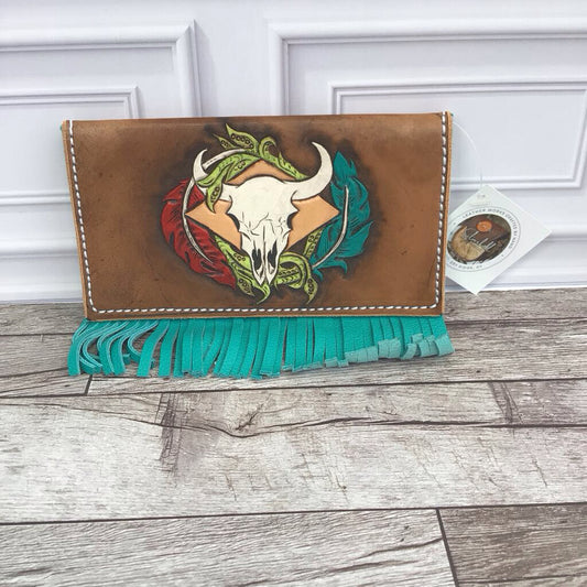 Handtooled Checkbook Cover - Teal Fringed Cow Skull