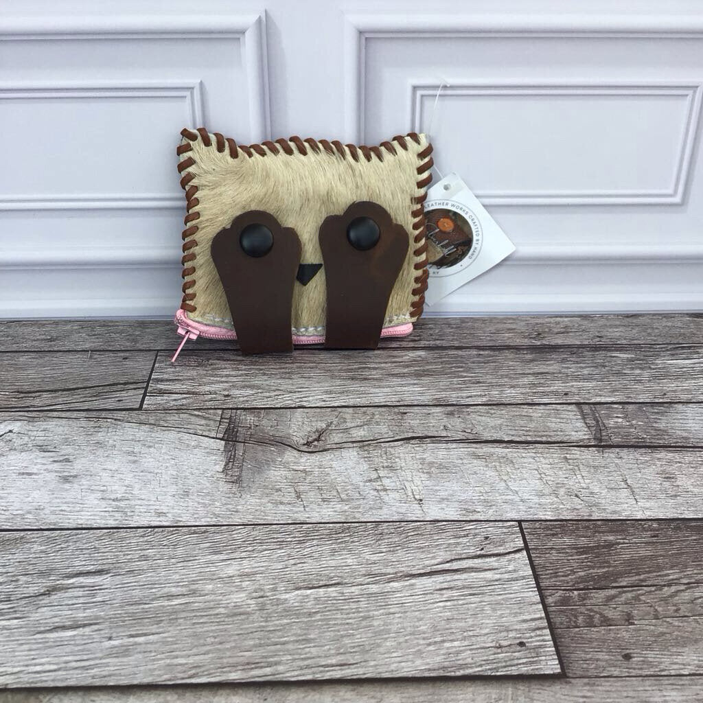 Cat Coin Purse - Brown Paws Pink Zipper