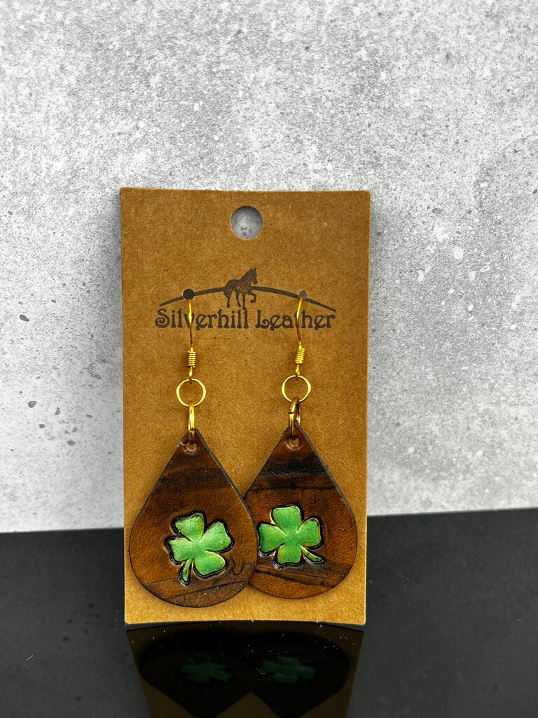 Stamped Earrings - brown leather w clover stamp