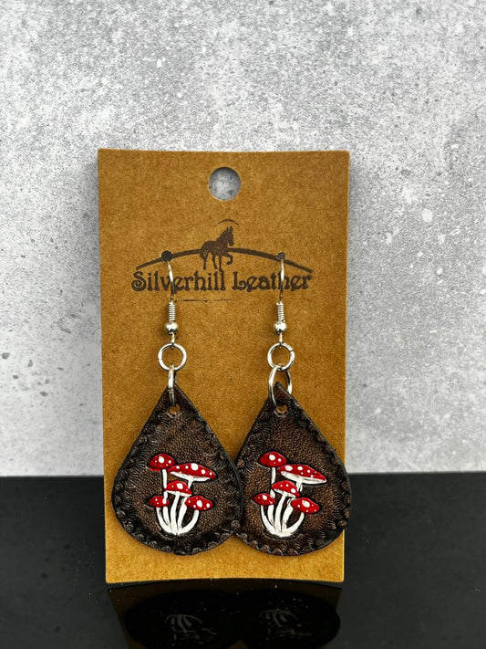 Stamped Earrings - brown w mushrooms stamp