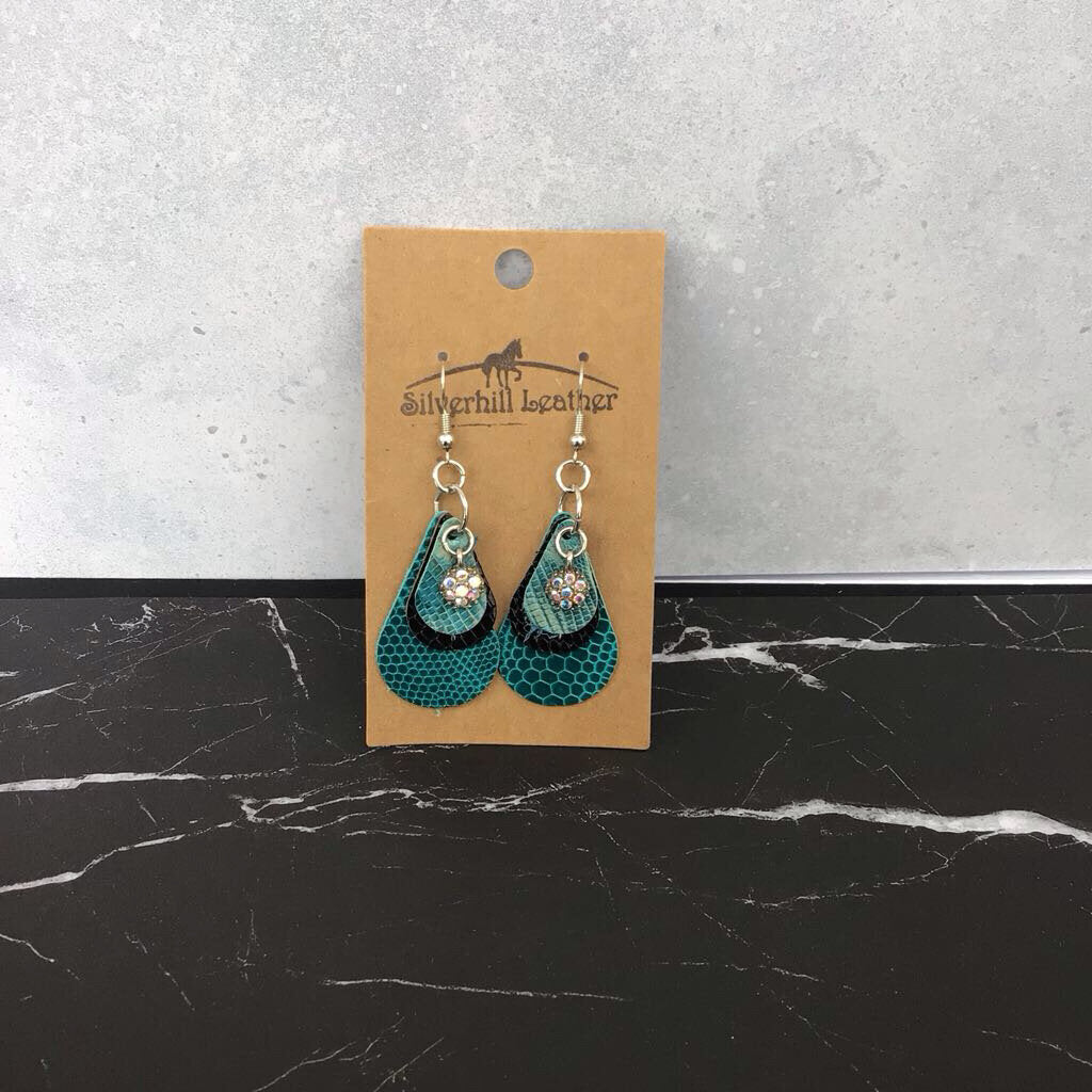Stamped Earrings - teal w sunflower pendants
