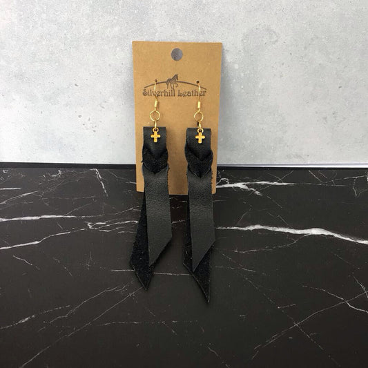 Stamped Earrings - black braided w cross