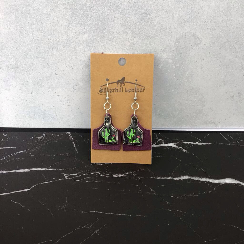 Stamped Earrings - purple w silver cactus pendant