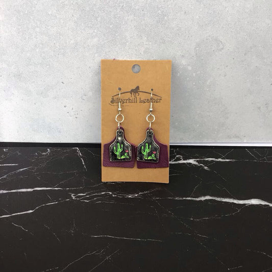 Stamped Earrings - purple w silver cactus pendant