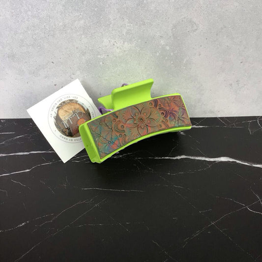 Hair Clips - Green w Colored Floral Print
