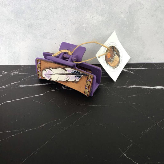 Hair Clips - Purple w Feather Print