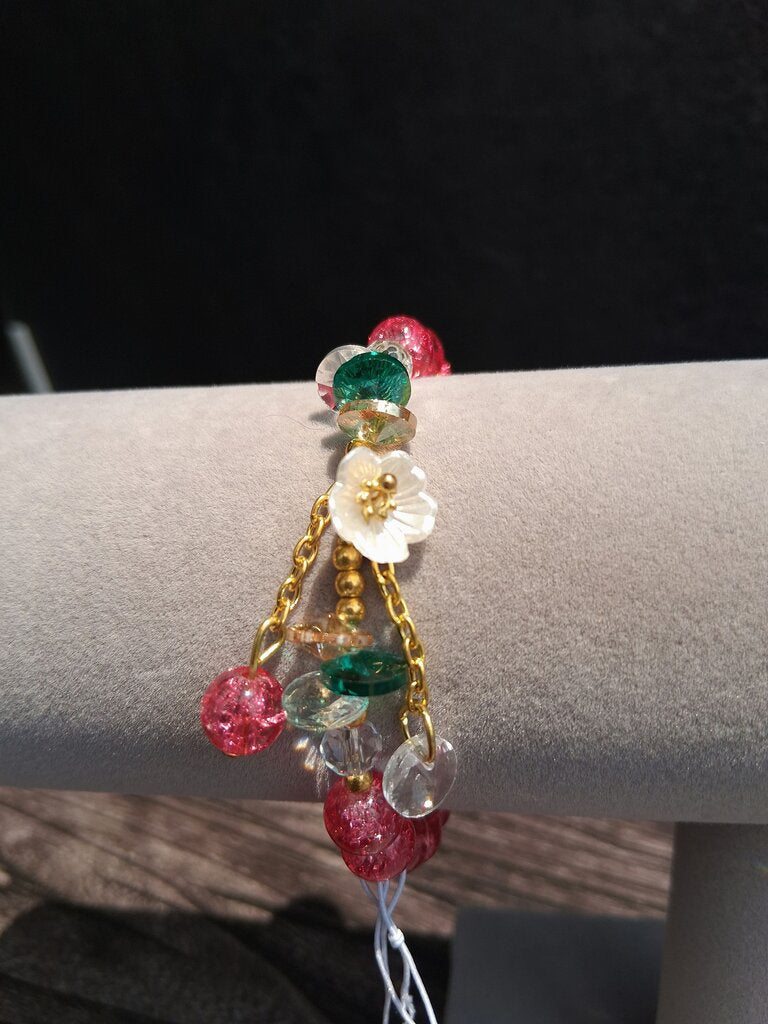 Beaded Drop Flower Bracelet - Hot Pink