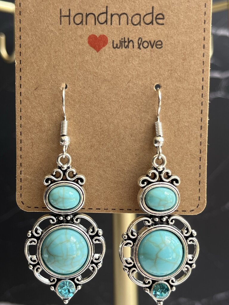 Turquoise Hanging Earrings - Silver Cameo Style