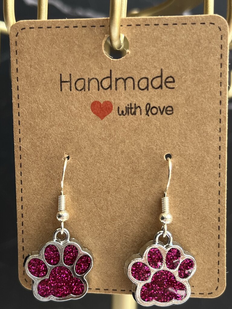 Misc. Drop Earrings - Pink Sparkle Paw Print
