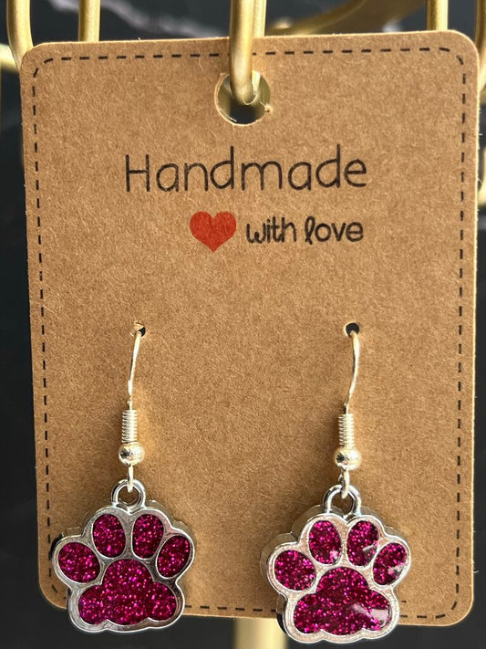 Misc. Drop Earrings - Pink Sparkle Paw Print