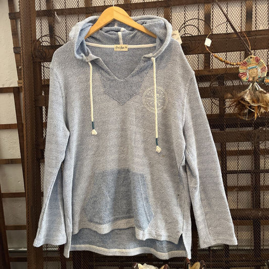 blue and white pull over
